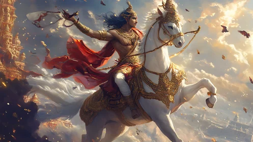 Skyborne warrior prince on radiant white warhorse ascends.