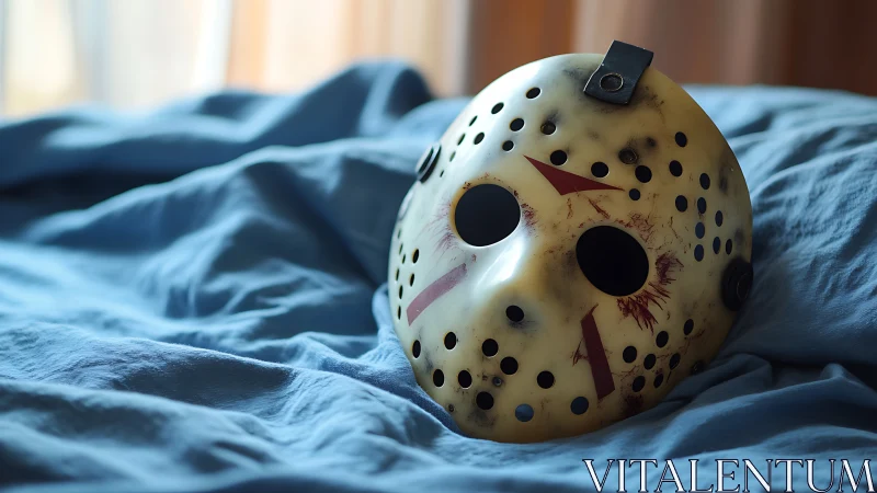 Hockey goalie mask rests on rumpled blue bed linen