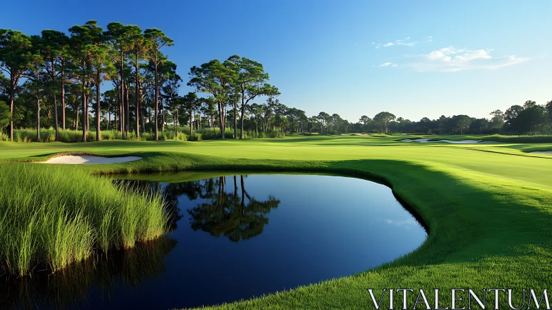 Sunlit golf course fairway curves beside a tranquil waterway