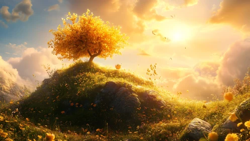 Golden tree crowns a dreamy hill under radiant sunset.