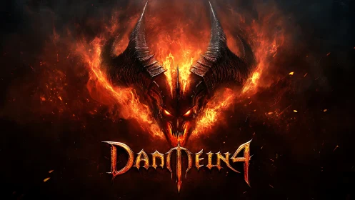 Infernal horned entity emerging from volumetric flame field.