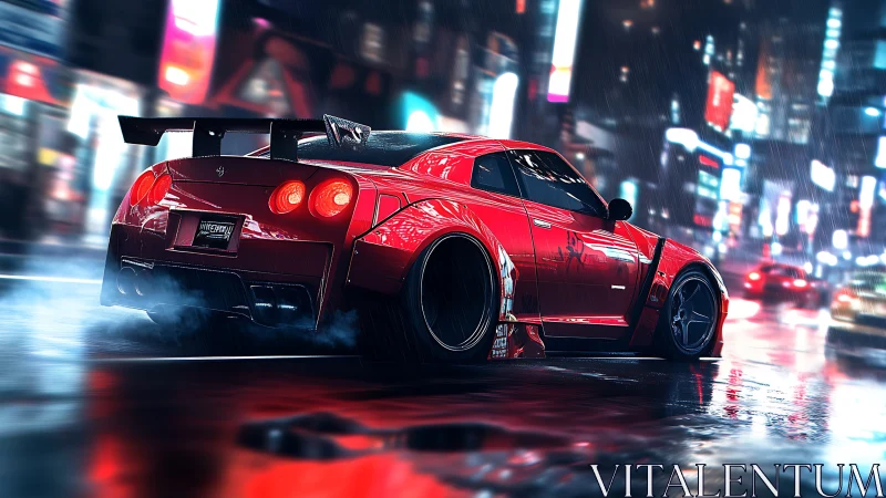 Red tuner car drifting through neon city rain at night.