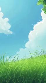 Sunlit meadow stretches beneath calm blue summer sky.