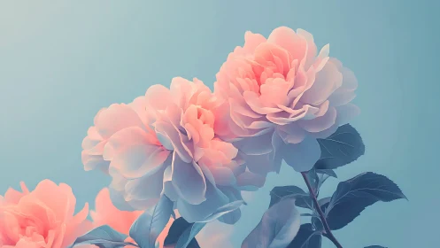Soft Pink Peonies Against Blue Sky. Nature's Grace.