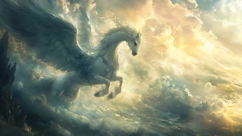 Luminous winged stallion traversing stratified storm clouds.