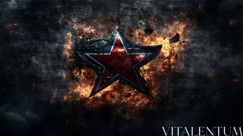 Shattered metal red star over explosive dark backdrop.