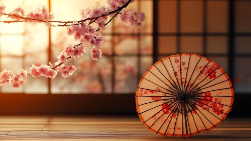 Japanese parasol and cherry blossoms in soft evening light.