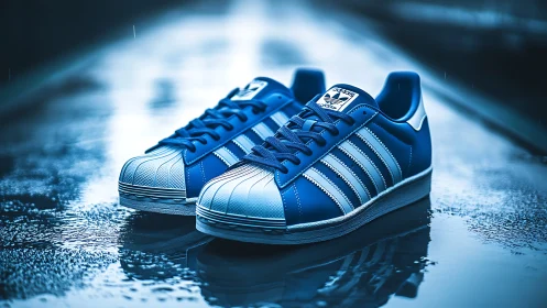 Blue shell-toe sneakers on reflective wet urban surface.