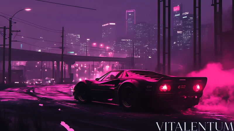 Neon drift supercar slicing through misty cyberpunk city streets.