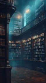 Moonlit stacks in a whispering, time-lost library hall.