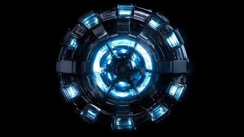 Futuristic blue glowing arc reactor in high-tech digital style.