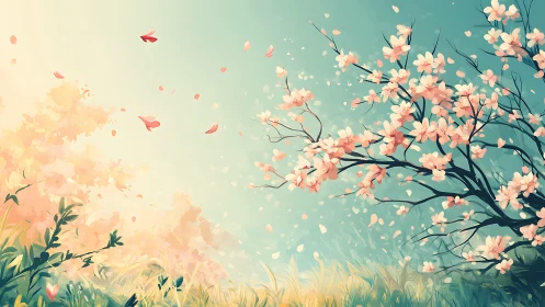 Cherry blossoms drift across serene landscape.