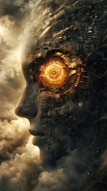Cybernetic profile with radiant mech eye in storm clouds.