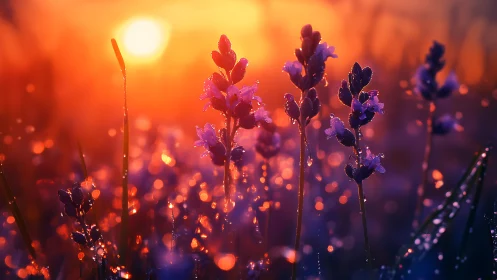 Lavender blooms glow in dewy light of a vibrant sunrise