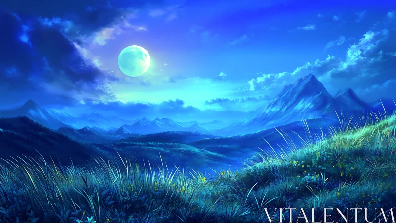 Luminous moonlight floods a tranquil blue mountain valley.