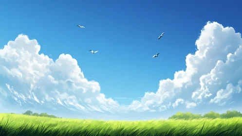 Panoramic grassland under cumulus cloud formations and soaring birds