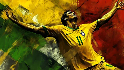 Triumphant Brazilian footballer celebrates in vivid color storm