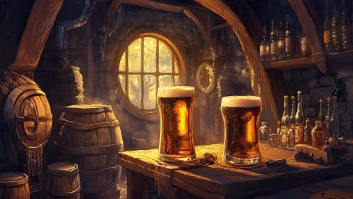 Rustic tavern interior with foaming amber beer glasses.