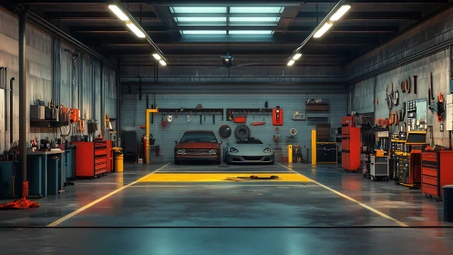 Modern auto workshop houses classic coupe and sports car