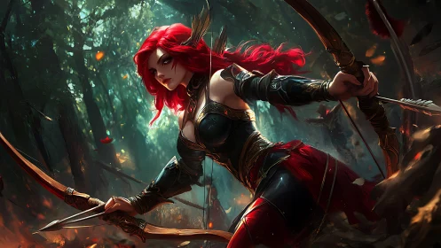 Dynamic red-haired archer in armor aiming arrow in forest battle