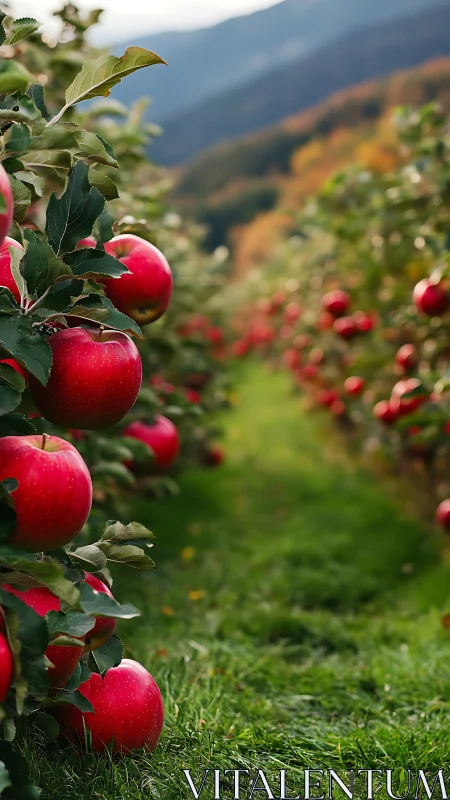 Ripe red apple rows in autumn orchard with soft mountain bokeh.