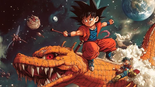 Young warriors ride orange dragon through deep space