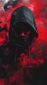 Hooded figure emerges from red smoke in a dark, ominous void