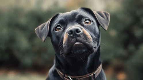 Shallow-depth portrait isolates black dog with reflective amber eyes