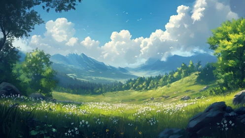 Sunlit alpine meadow rendered with atmospheric depth cues