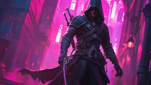 Hooded rogue strides through neon-lit gothic corridor at dusk
