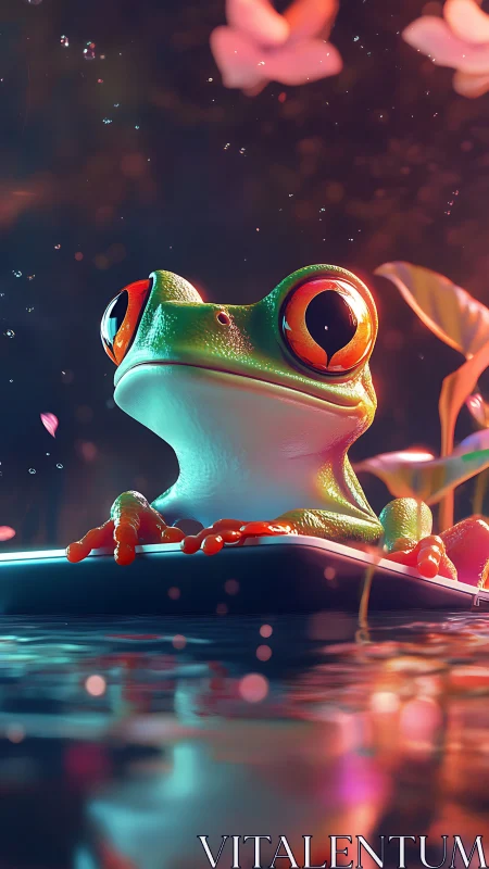 Wide-eyed neon frog quietly commandeers a glowing pond raft