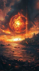 Digital painting of apocalyptic sunfall over ruined megacity.