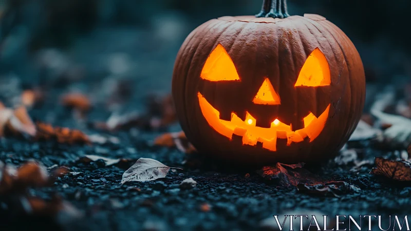 Jack-o’-lantern glow grins through a twilight leaf-strewn path.