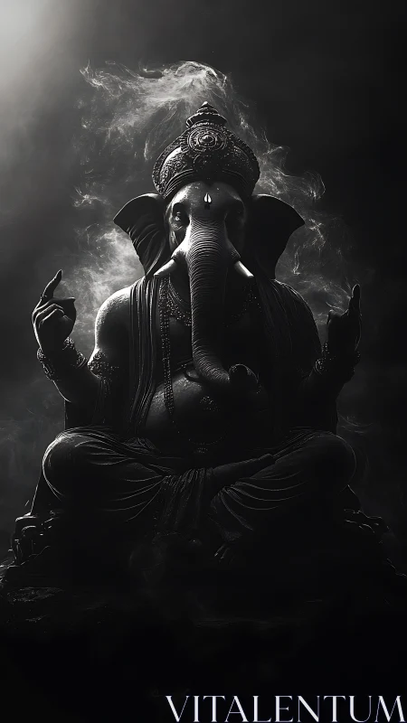 Ganesh statue emerges from shadow with divine backlight.
