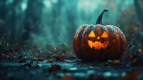 Rain-soaked jack-o’-lantern in foggy blue woodland at dusk