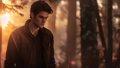 Brooding young man walks through sunlit autumn forest.