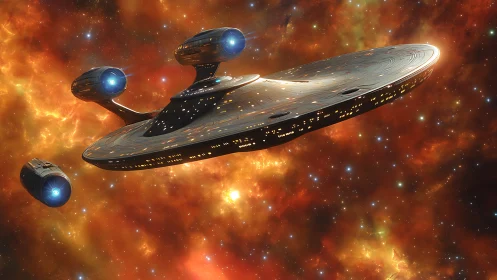 Futuristic starship fleet crossing burning nebula field.