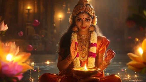 Graceful temple serenity with a glowing diya at dusk.