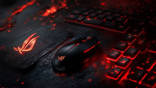 RGB gaming mouse with red backlit keyboard on desk.
