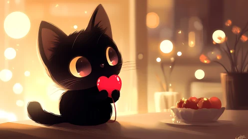 Black cat silhouette holding red heart against warm bokeh lighting
