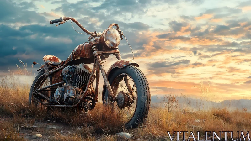 Rusting vintage motorcycle under dramatic sunset sky.