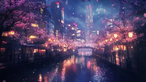 Rain-soaked neon canal under sakura bloom with volumetric lighting
