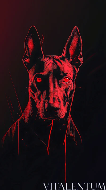 Red neon Doberman portrait with dramatic chiaroscuro lighting.