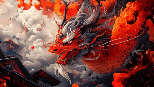 Blazing crimson dragon over stormy temple rooftops.