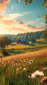 Red barn stands in sunlit rural valley with wildflower field
