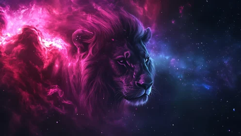 Cosmic lion portrait in neon chromatic digital rendering.