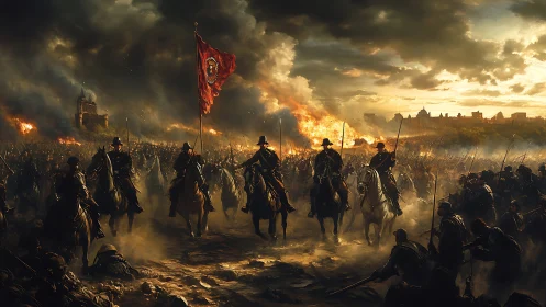 Storm-lit cavalry charge before a city swallowed by fire.
