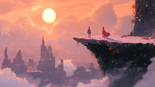 Sunset overlook above a misty futuristic kingdomscape.