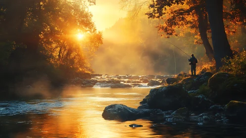 Angler silhouetted in golden hour mist on autumn forest river