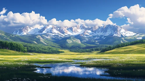 Snowcapped mountain range rises over tranquil spring valley